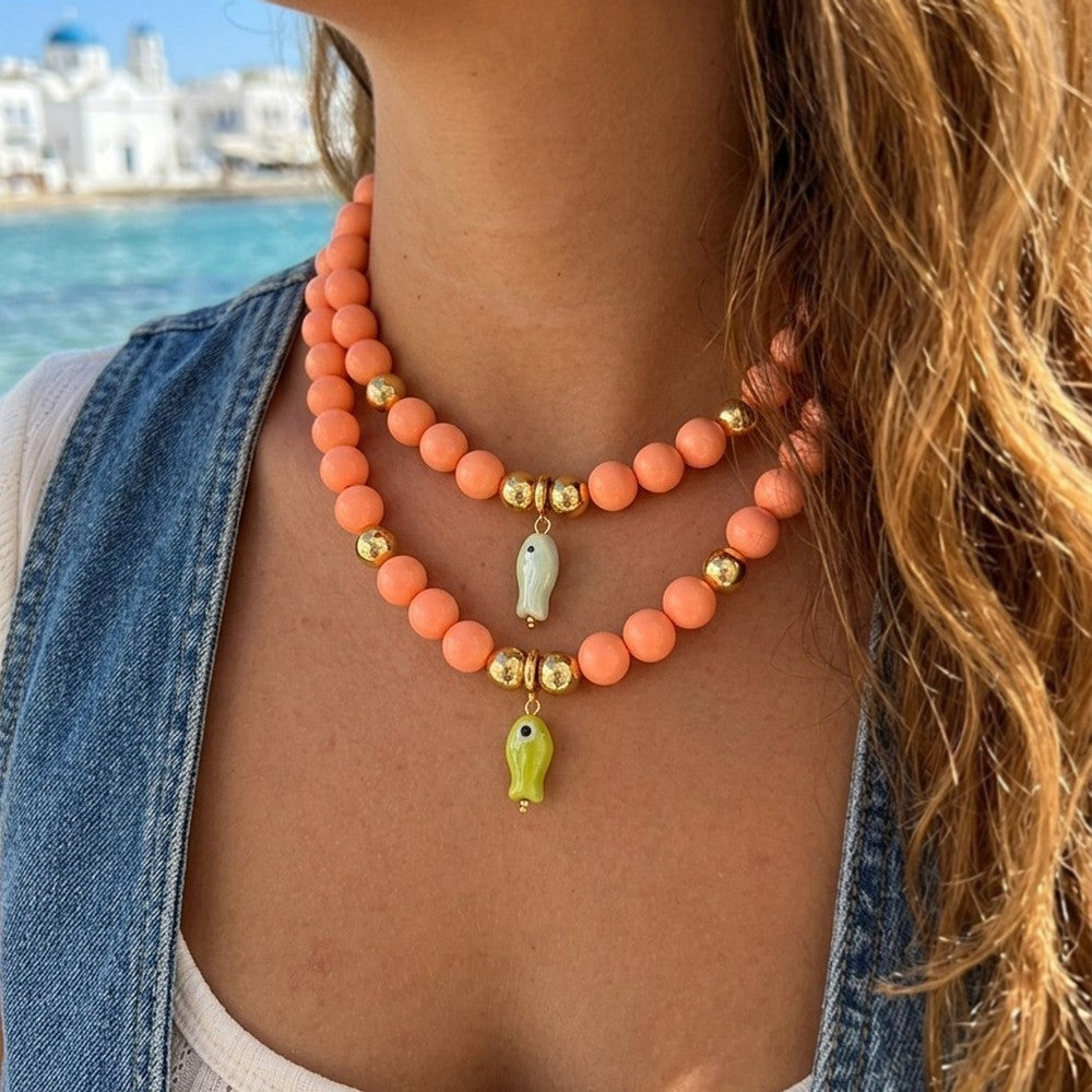Sweet Coral Beaded Ceramic Fish Necklace