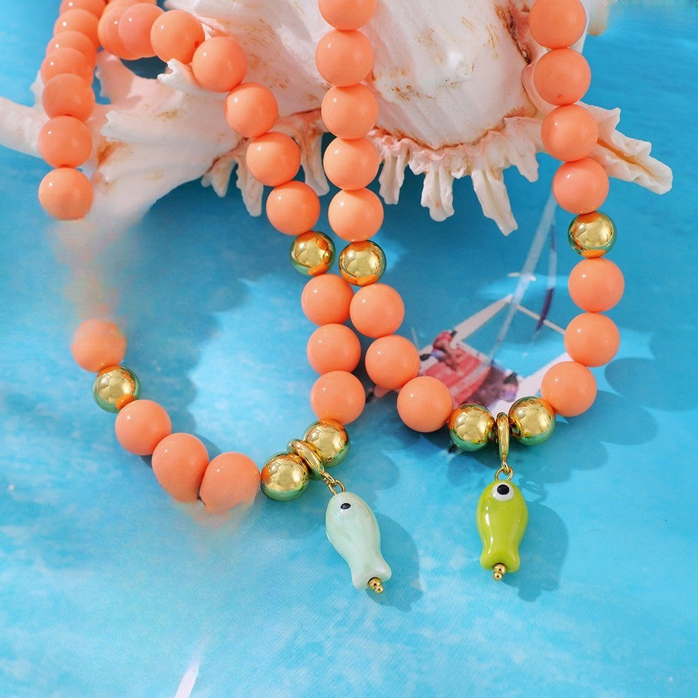 Sweet Coral Beaded Ceramic Fish Necklace
