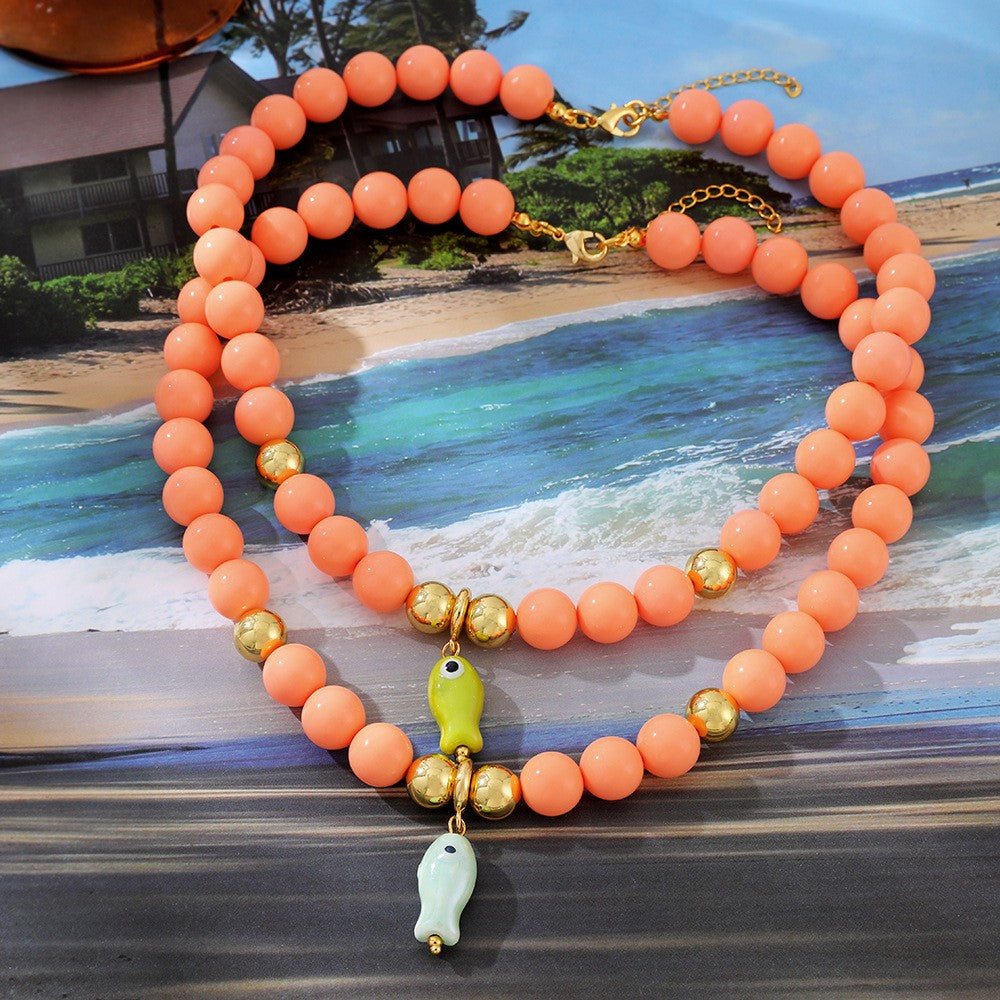 Sweet Coral Beaded Ceramic Fish Necklace