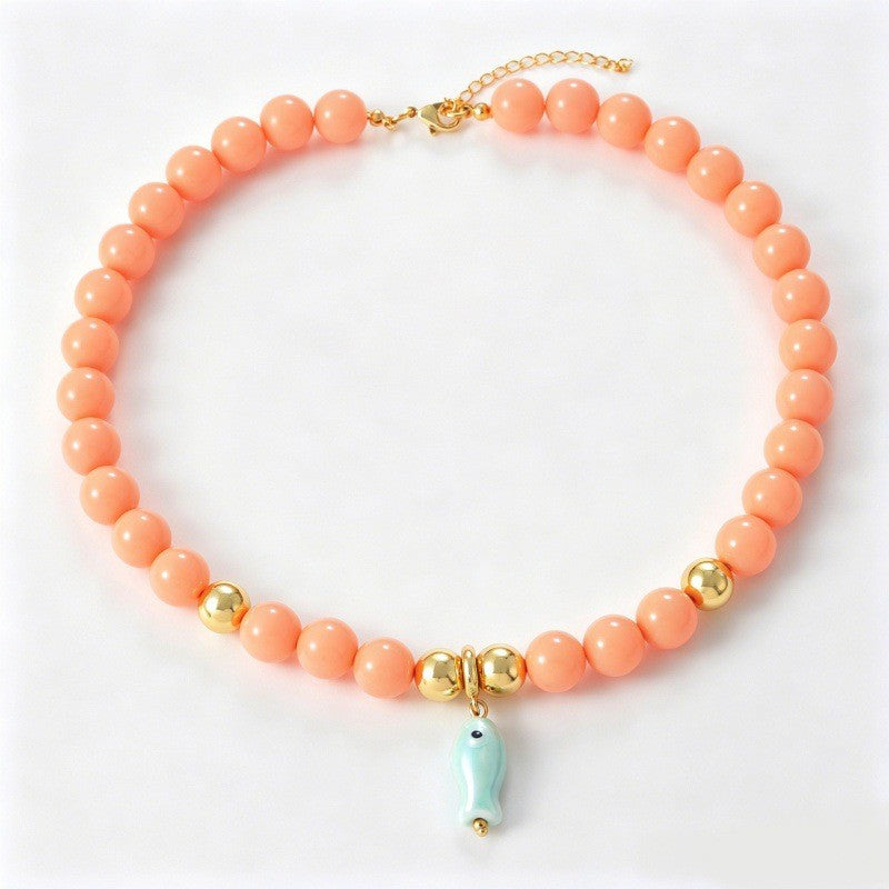 Sweet Coral Beaded Ceramic Fish Necklace