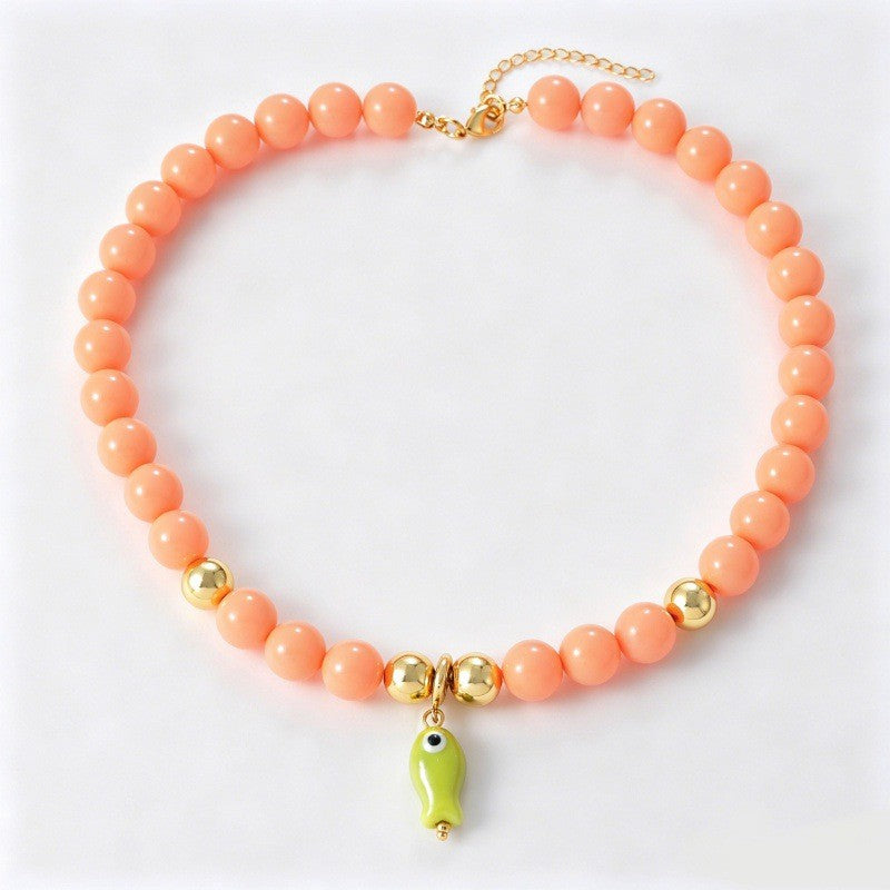 Sweet Coral Beaded Ceramic Fish Necklace