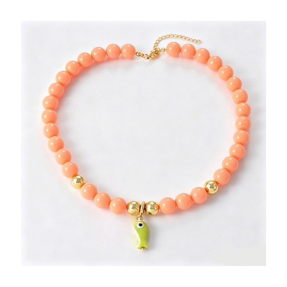 Sweet Coral Beaded Ceramic Fish Necklace
