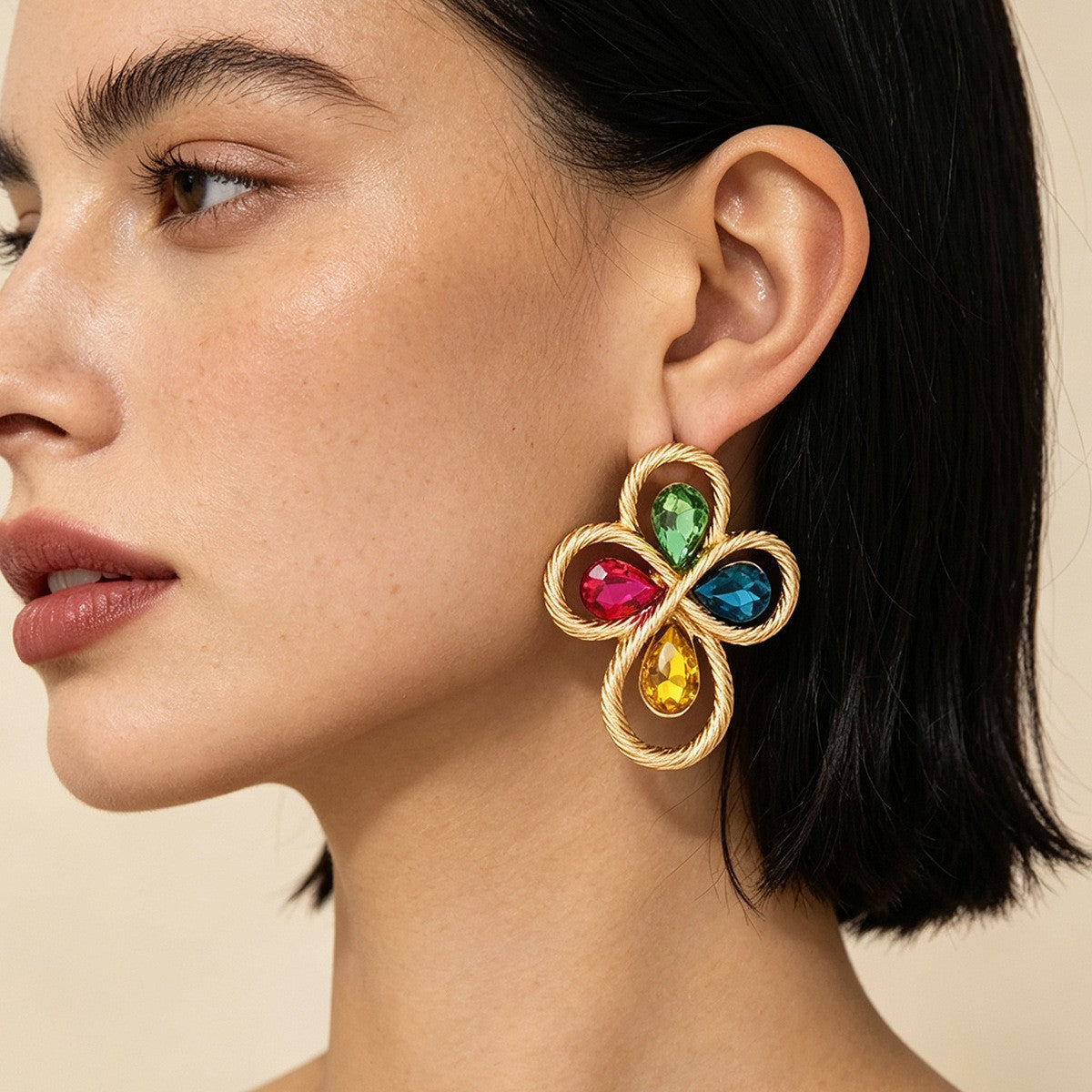 Classy Multicolor Gemstone Clover Earrings
