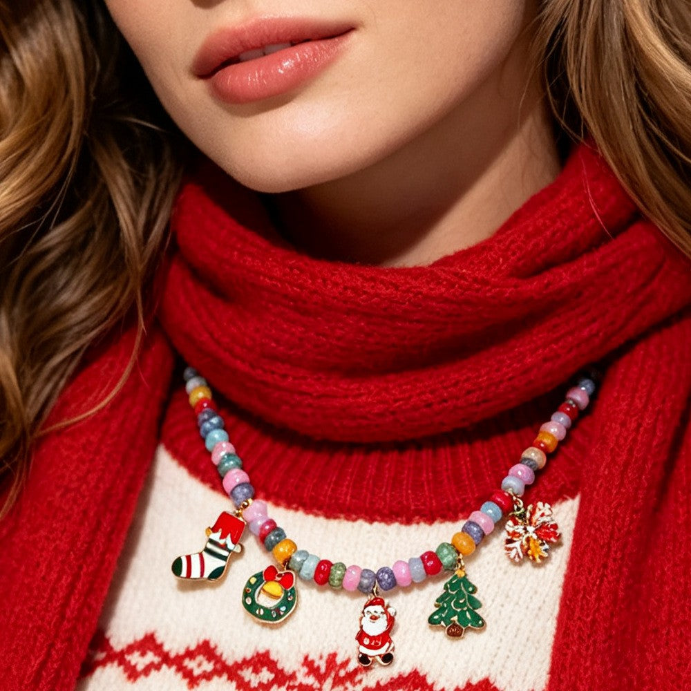 Festive Colorful Bead Christmas Charm Necklace