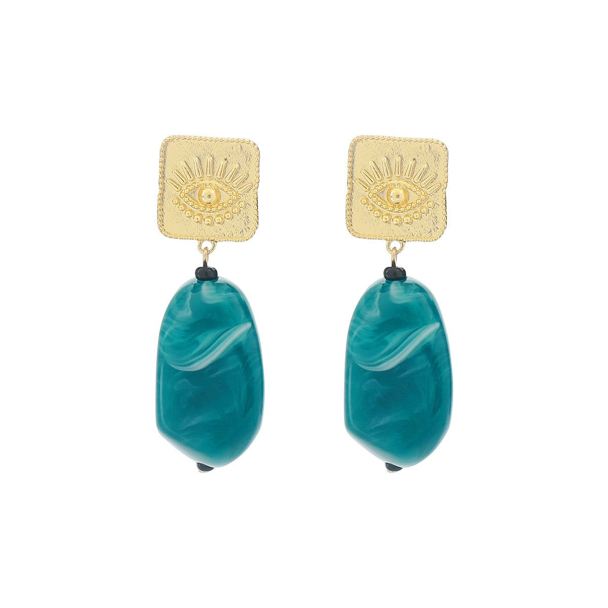 Vintage Teal Marbled Resin Evil Eye Drop Earrings