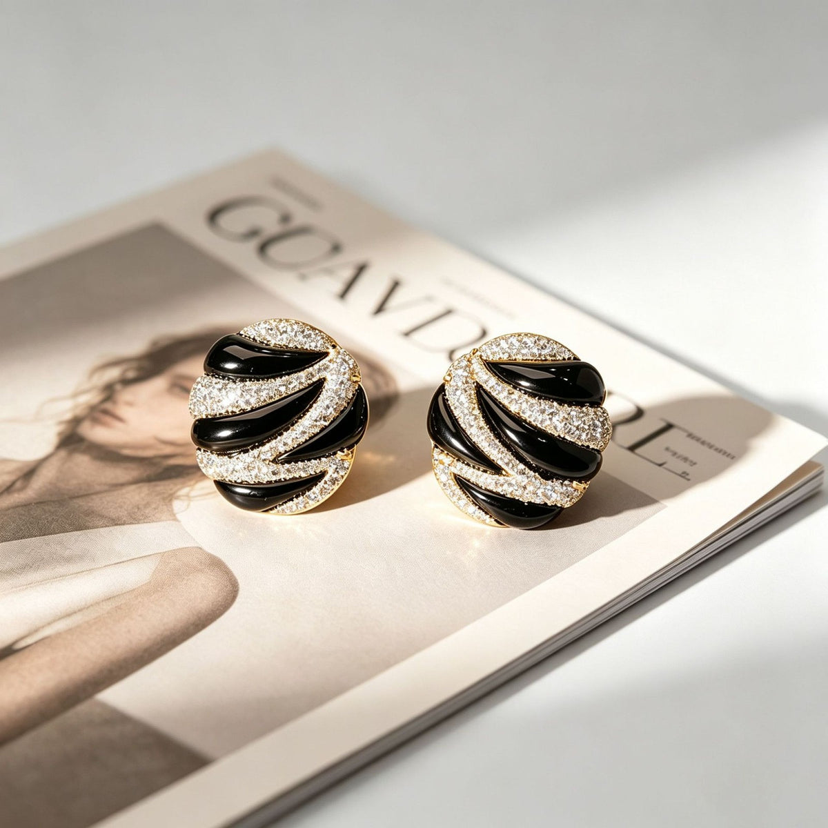 Classy Black Enamel Pave Stud Earrings