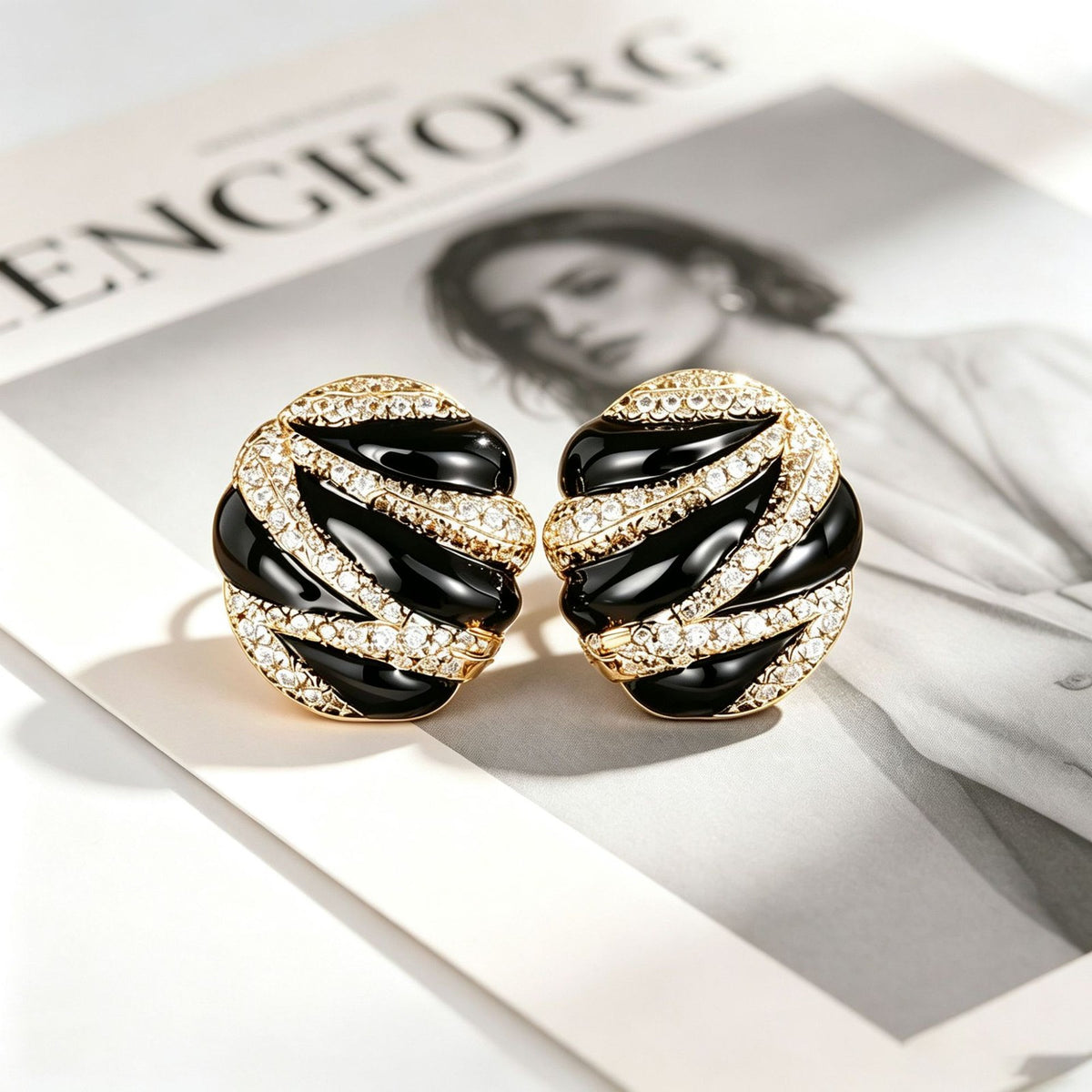 Classy Black Enamel Pave Stud Earrings