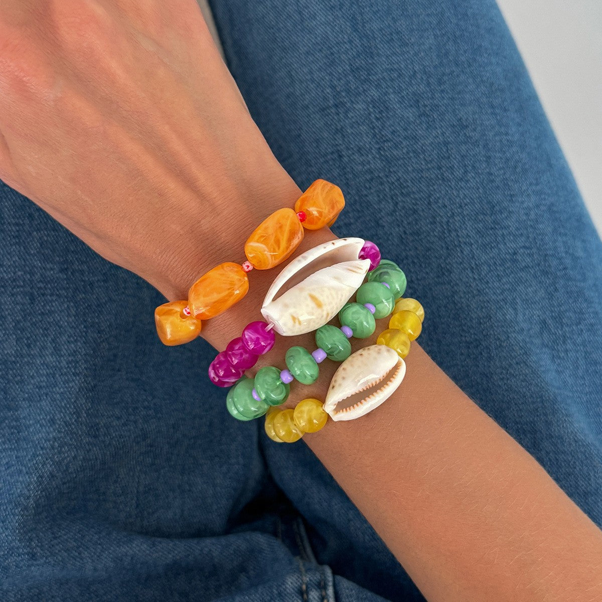 Boho Colorful Resin & Shell Stretch Bracelet Set