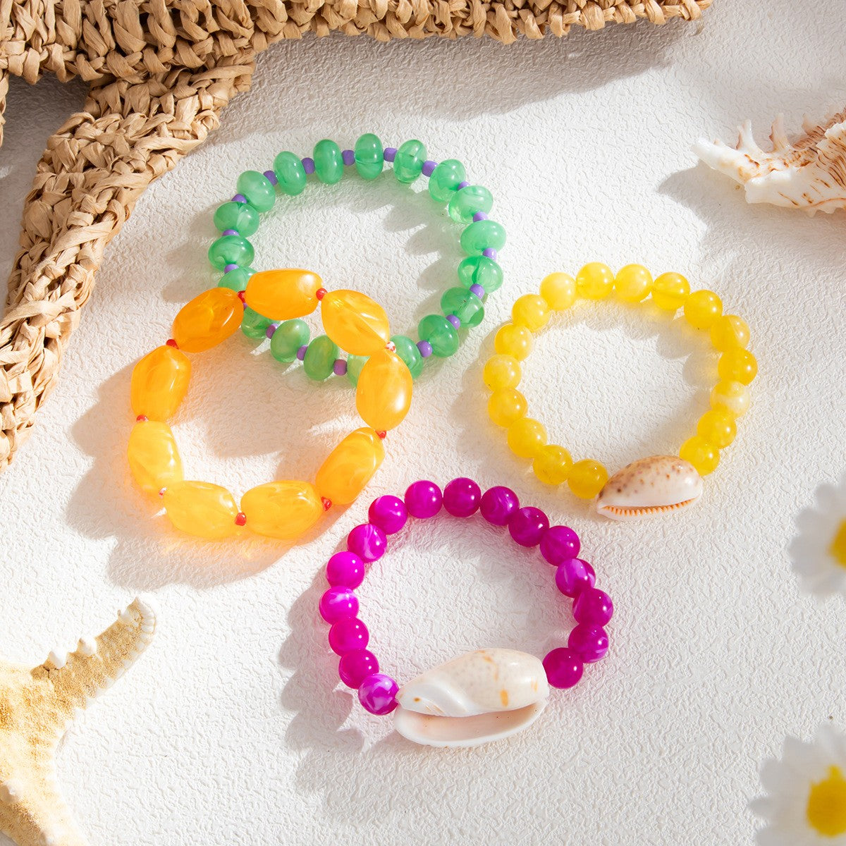 Boho Colorful Resin & Shell Stretch Bracelet Set