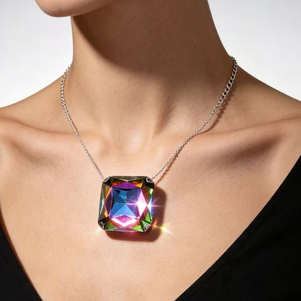 Statement Iridescent Square Glass Necklace