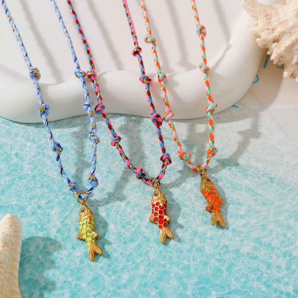 Boho Layered Enamel Fish Cord Necklace