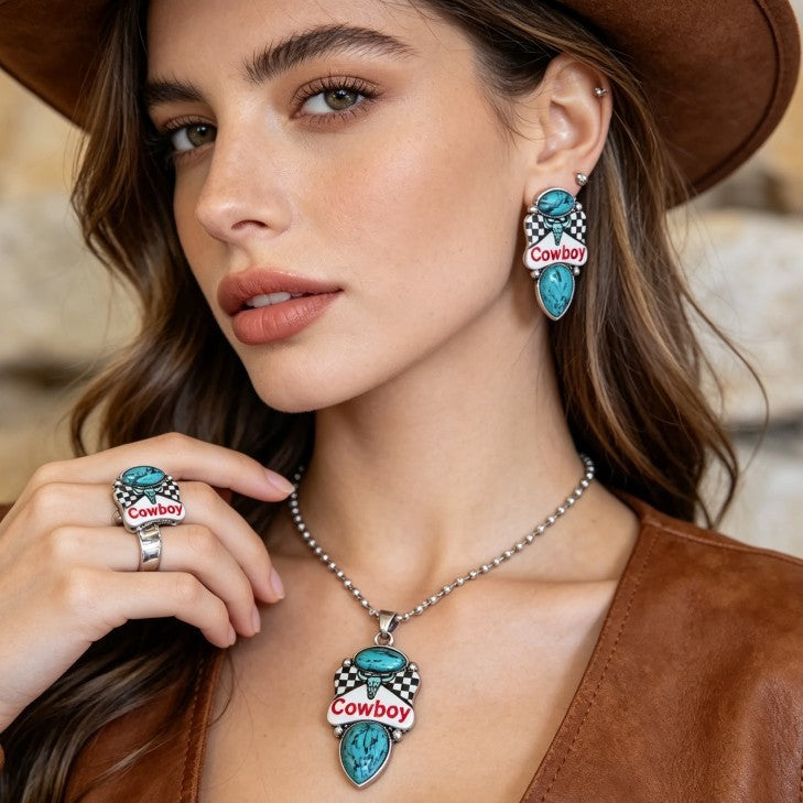Vintage Western Cowboy Checkered Necklace, Earring & Ring Set