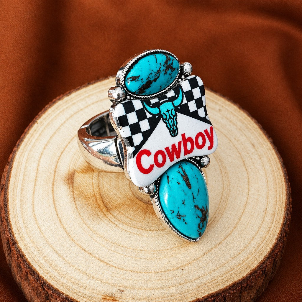 Vintage Western Cowboy Checkered Necklace, Earring & Ring Set