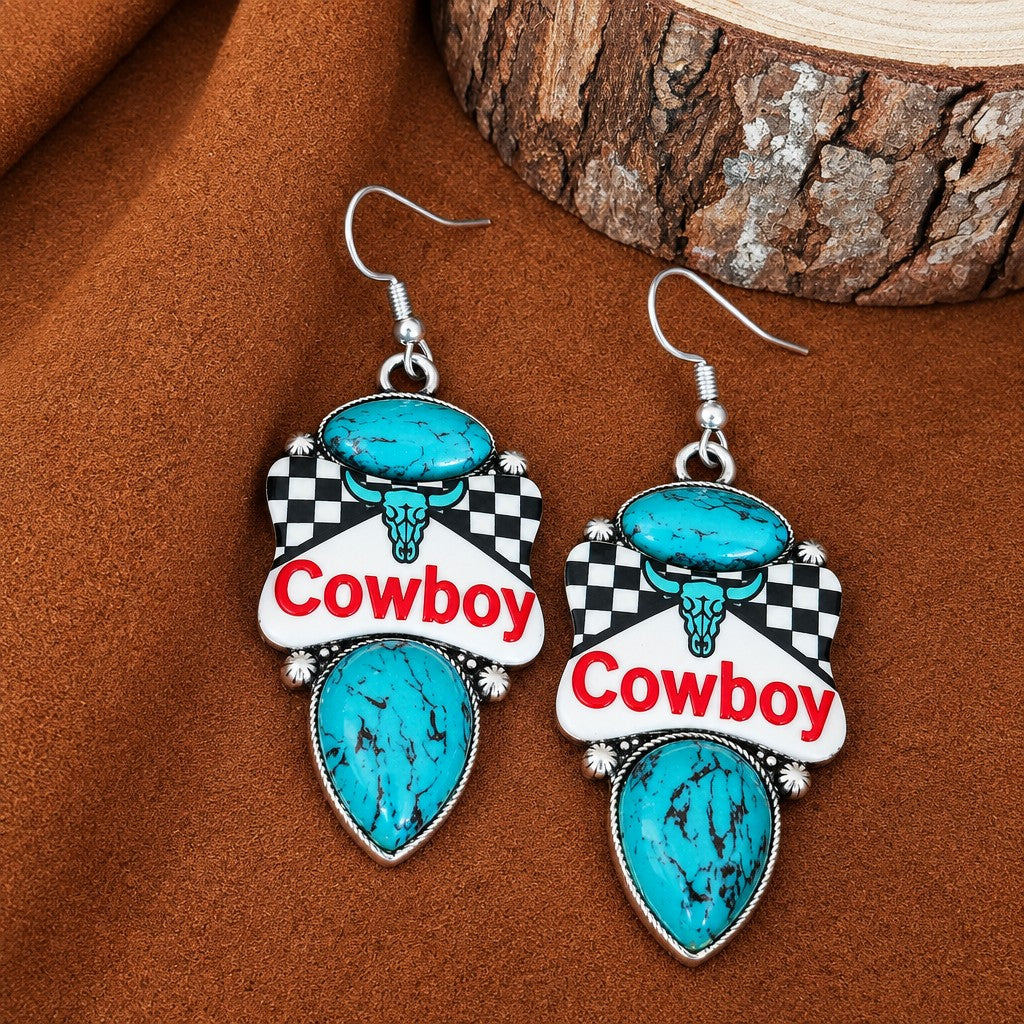 Vintage Western Cowboy Checkered Necklace, Earring & Ring Set