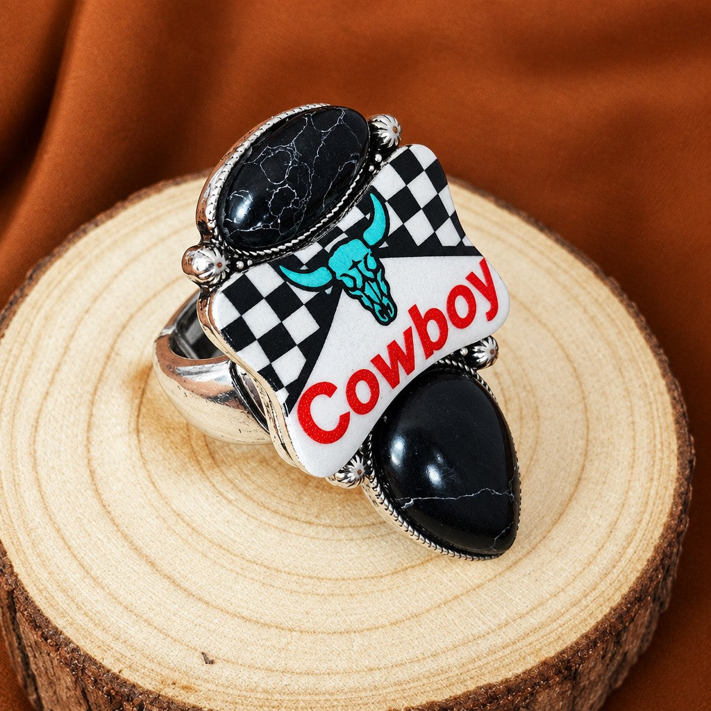 Vintage Western Cowboy Checkered Necklace, Earring & Ring Set