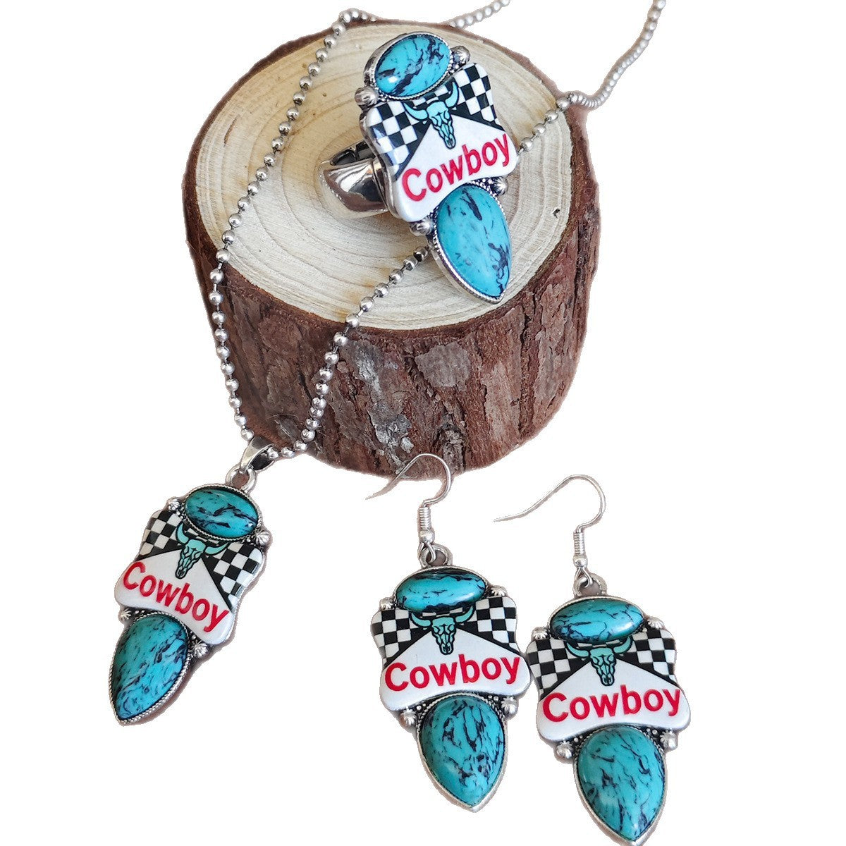 Vintage Western Cowboy Checkered Necklace, Earring & Ring Set