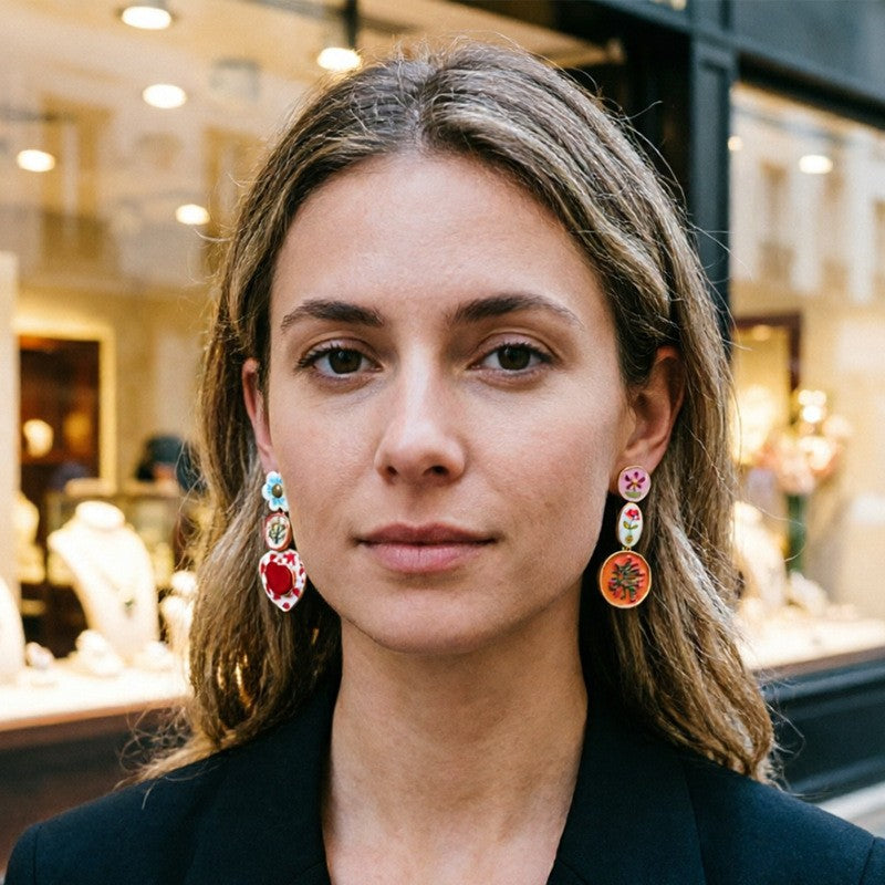 Romantic Asymmetric Enamel Floral Drop Earrings
