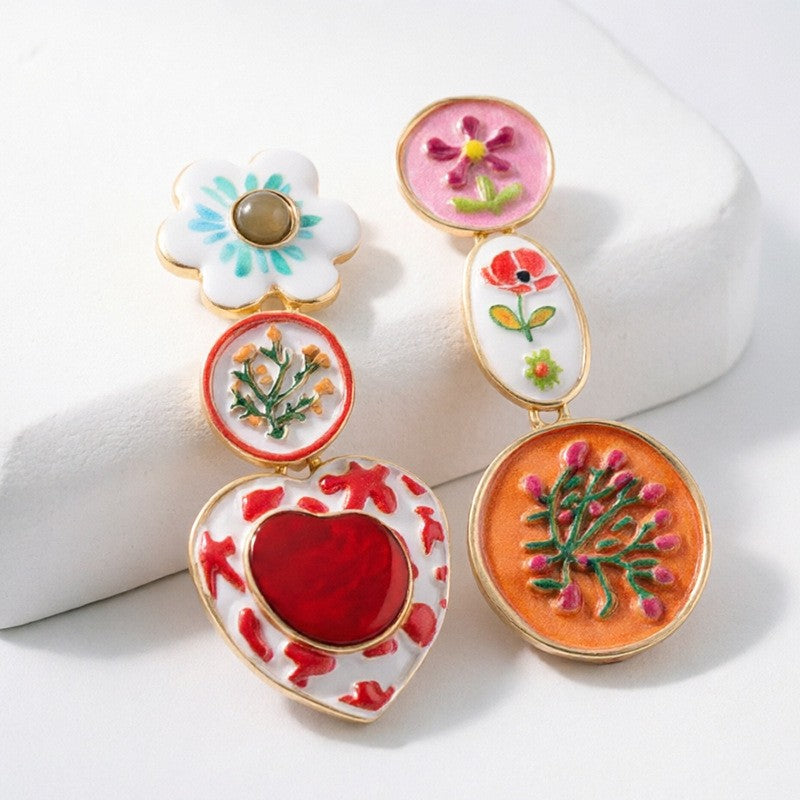 Romantic Asymmetric Enamel Floral Drop Earrings