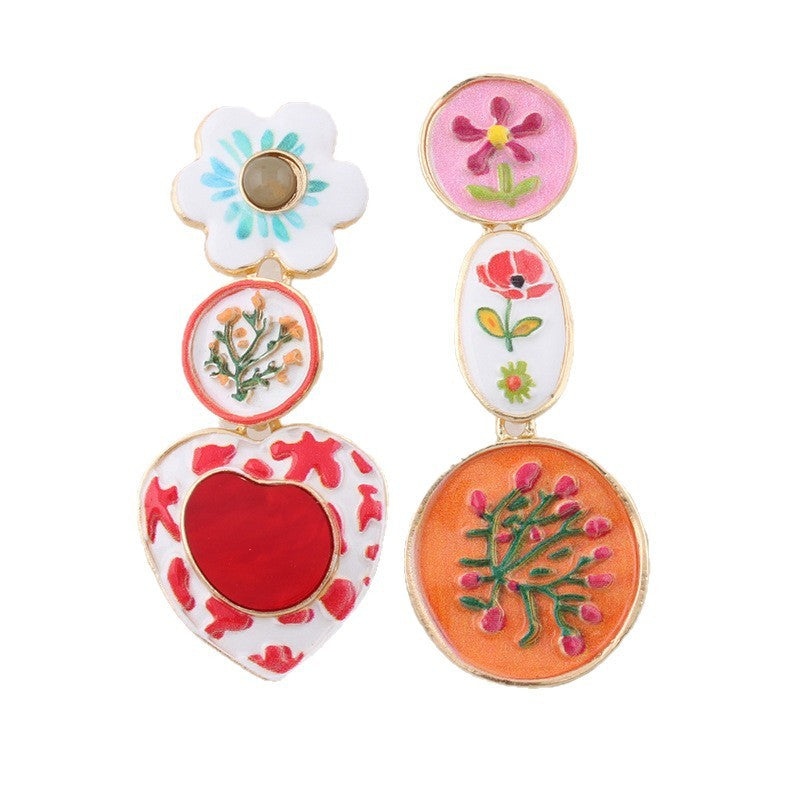 Romantic Asymmetric Enamel Floral Drop Earrings