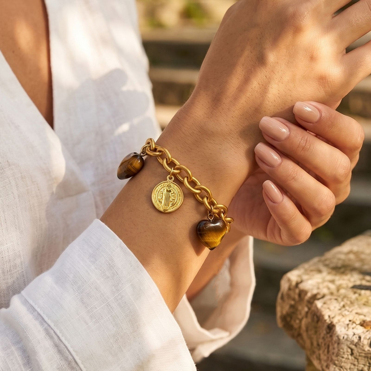 Boho Tiger Eye Saint Medal Bracelet