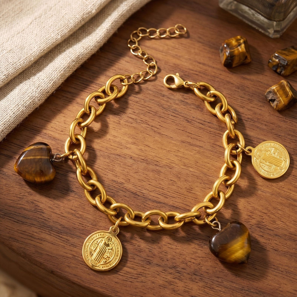 Boho Tiger Eye Saint Medal Bracelet