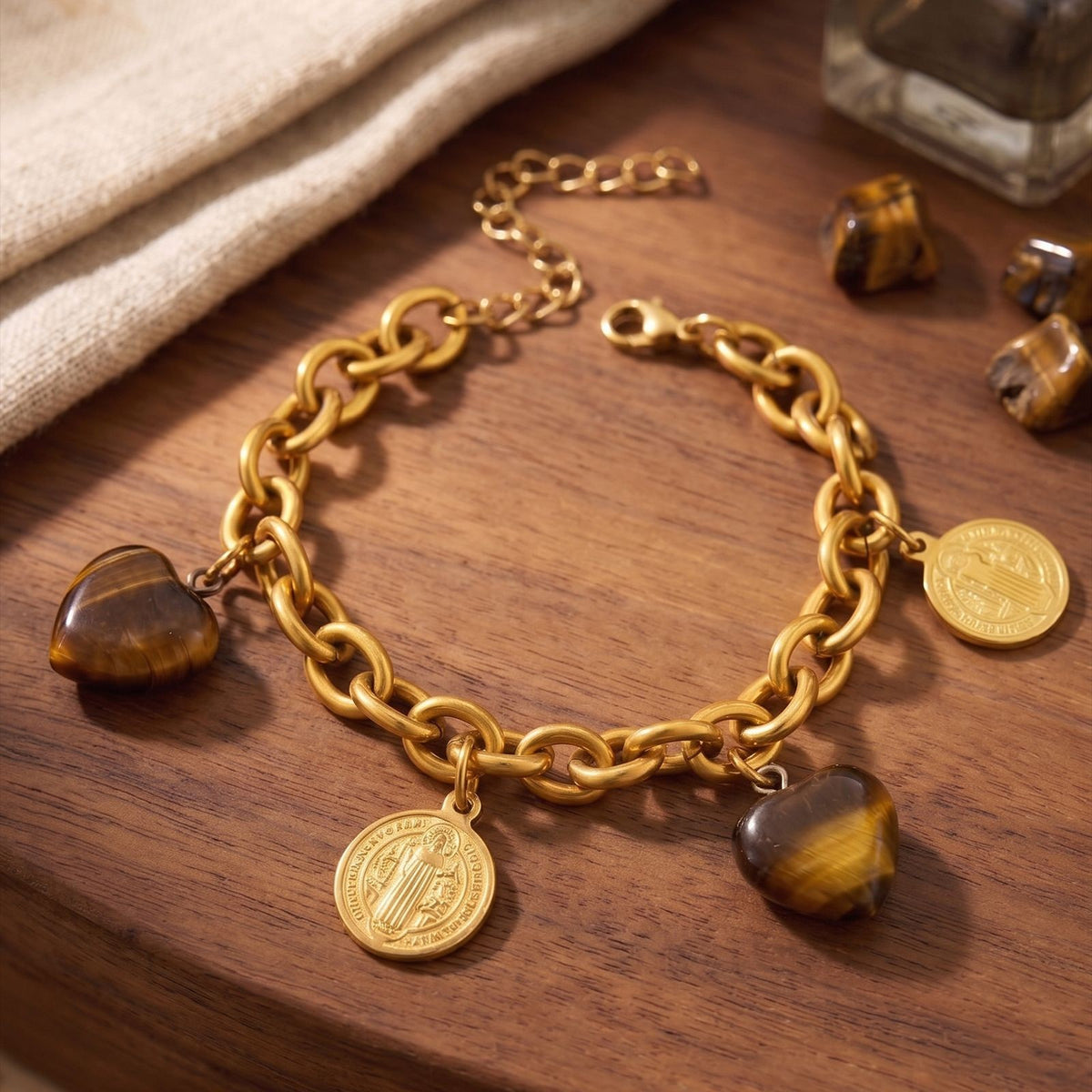 Boho Tiger Eye Saint Medal Bracelet