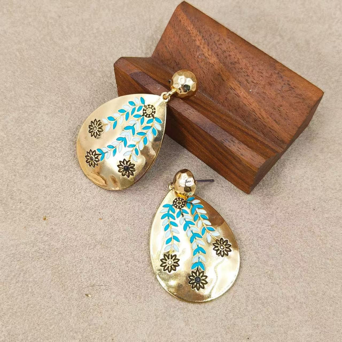 Classy Blue Enamel Floral Teardrop Earrings