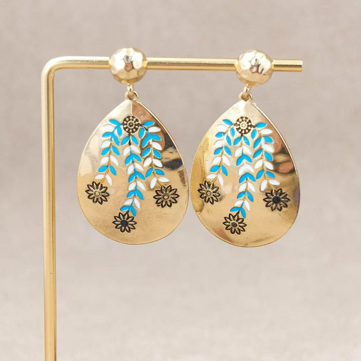 Classy Blue Enamel Floral Teardrop Earrings