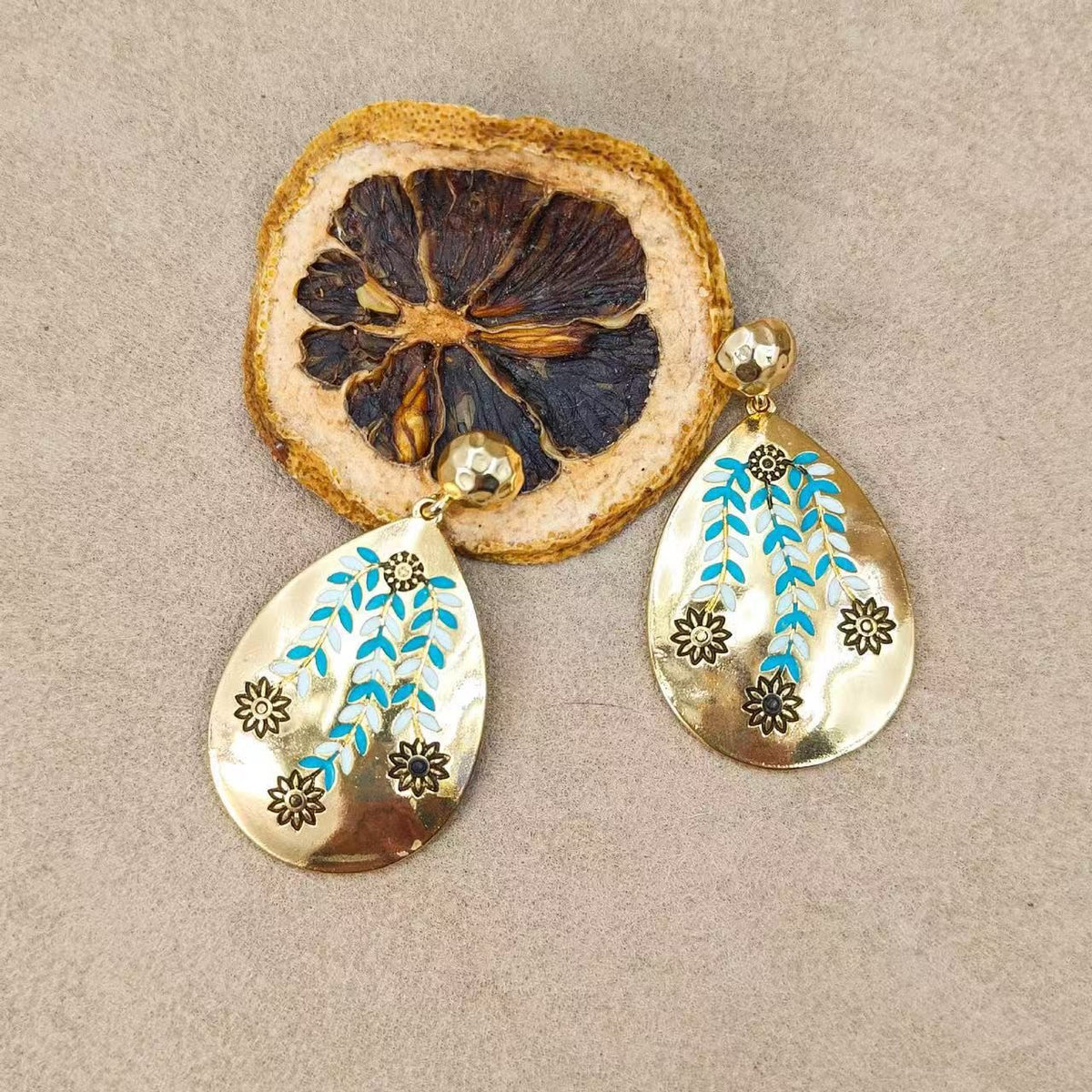 Classy Blue Enamel Floral Teardrop Earrings