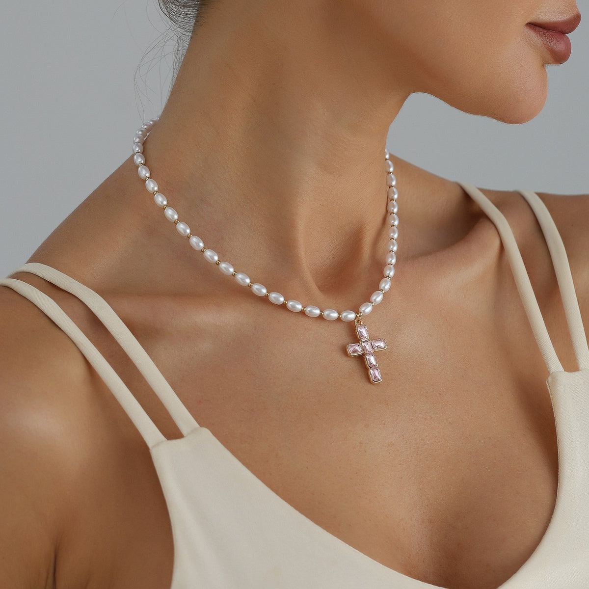Classy Faux Pearl Pink Cross Necklace