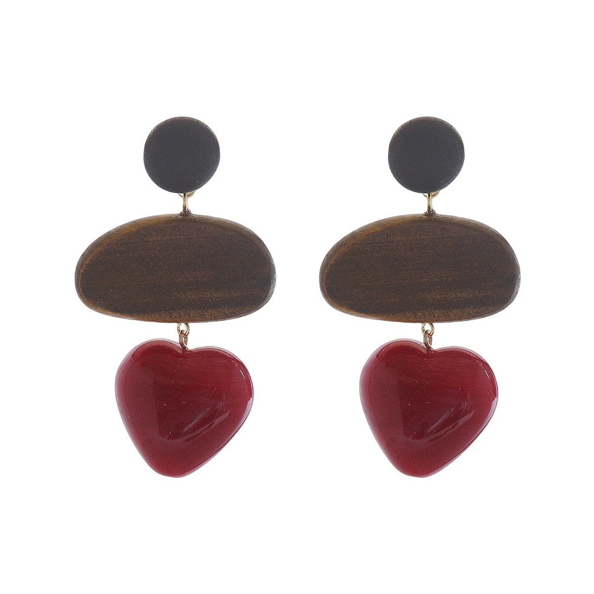 Vintage Wood Red Heart Drop Earrings
