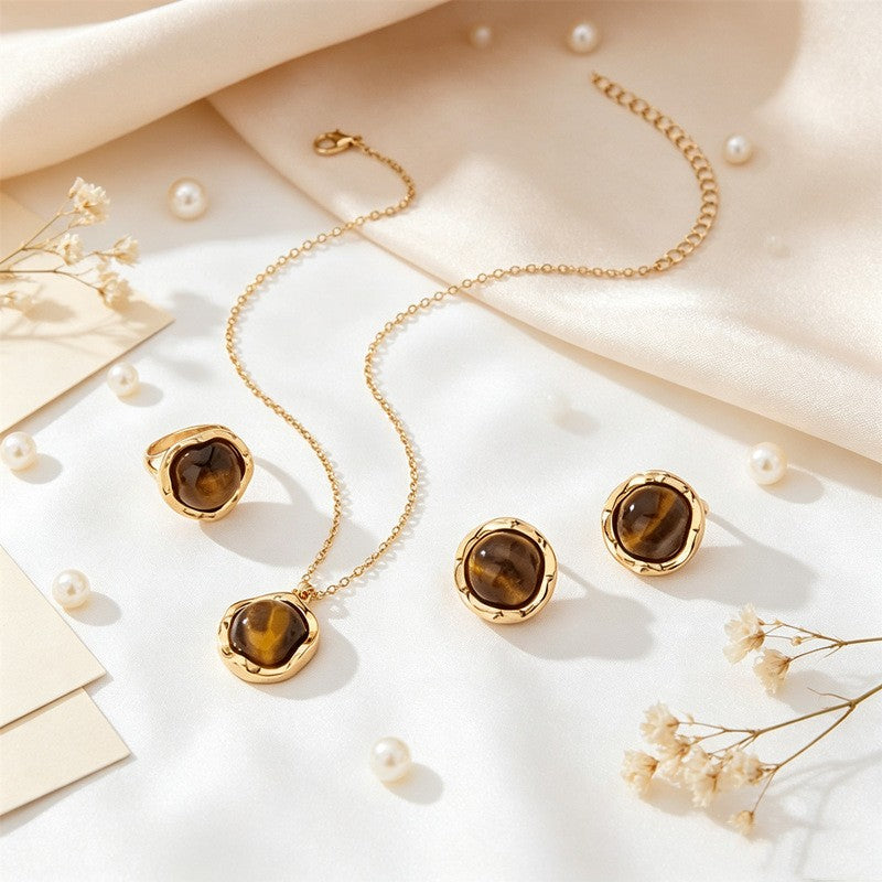 Classy Tiger Eye Round Pendant Necklace, Earring & Ring Set