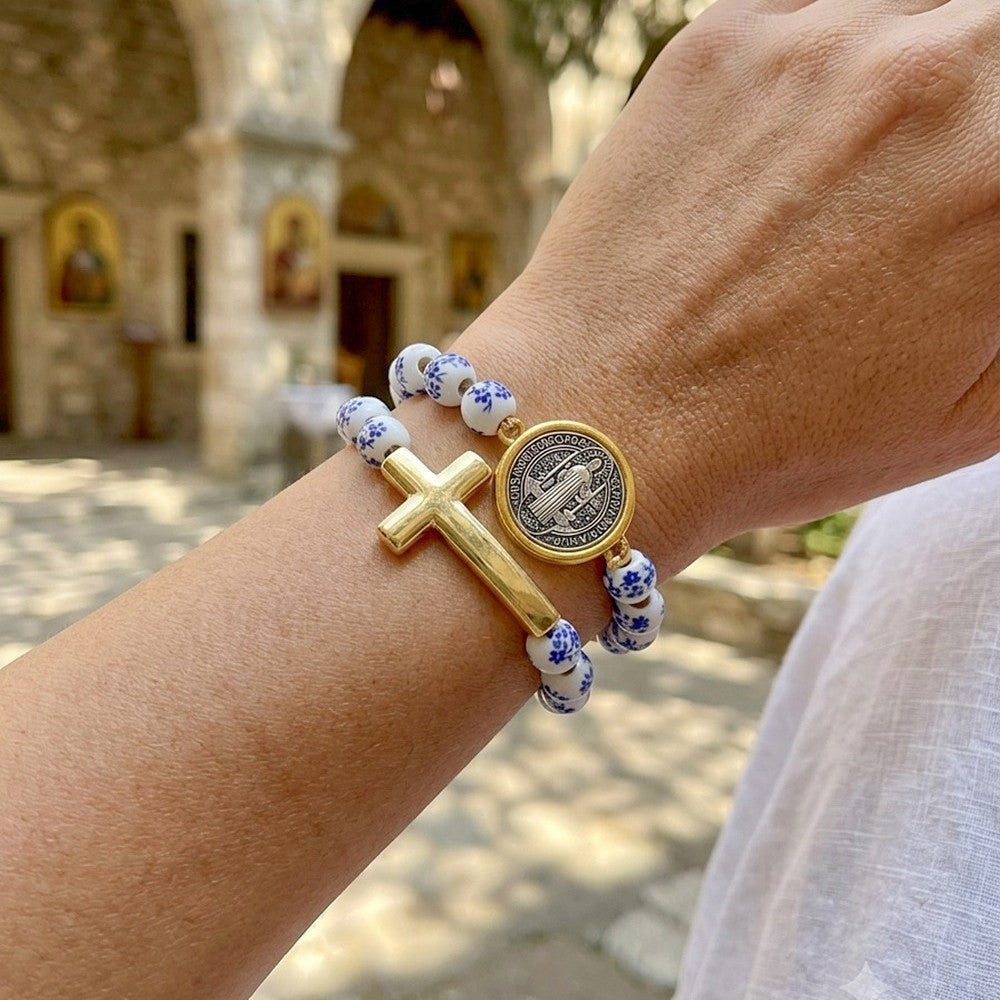 Vintage Blue Porcelain Cross Medal Bracelet