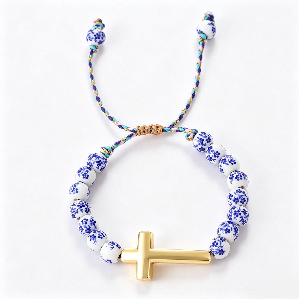 Vintage Blue Porcelain Cross Medal Bracelet