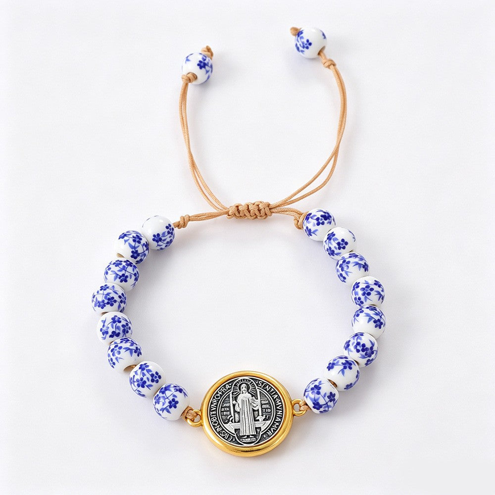 Vintage Blue Porcelain Cross Medal Bracelet