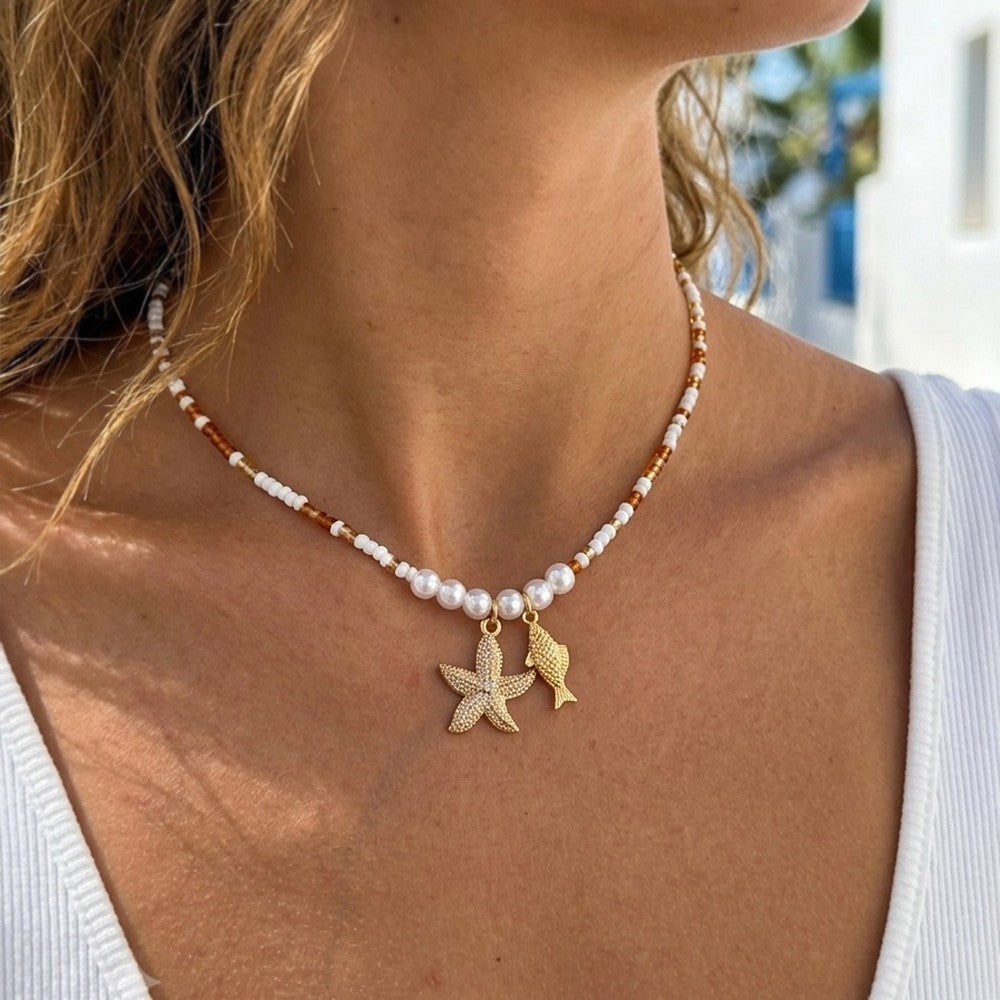 Dainty Pearl Beaded Starfish & Fish Necklace
