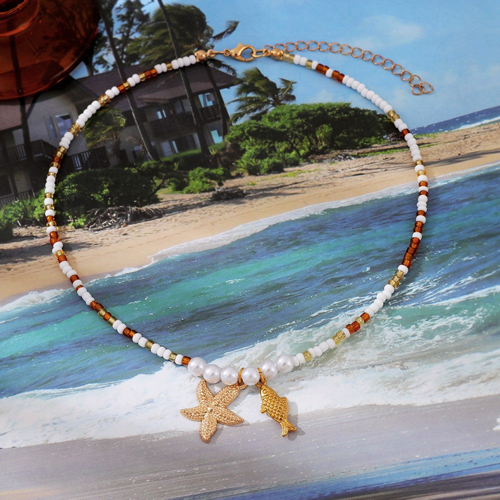 Dainty Pearl Beaded Starfish & Fish Necklace