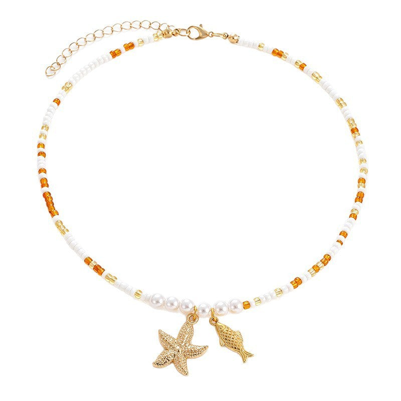 Dainty Pearl Beaded Starfish & Fish Necklace