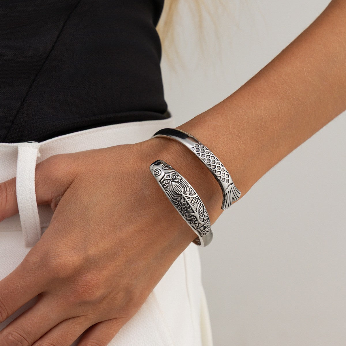 Boho Vintage Fish Open Cuff Bracelet Set