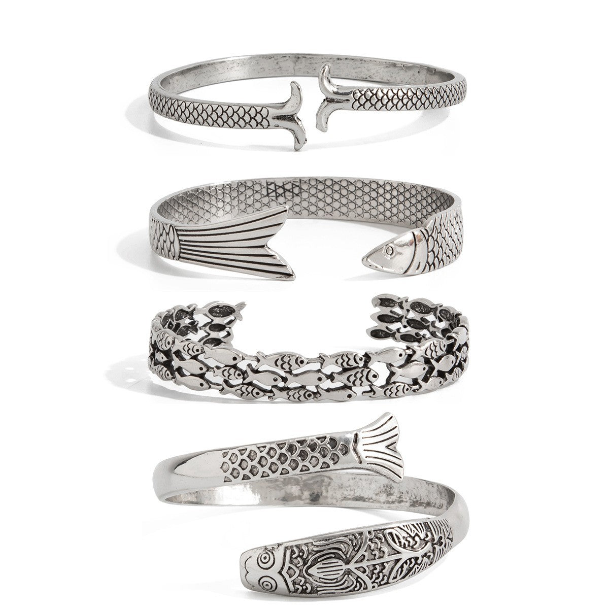 Boho Vintage Fish Open Cuff Bracelet Set