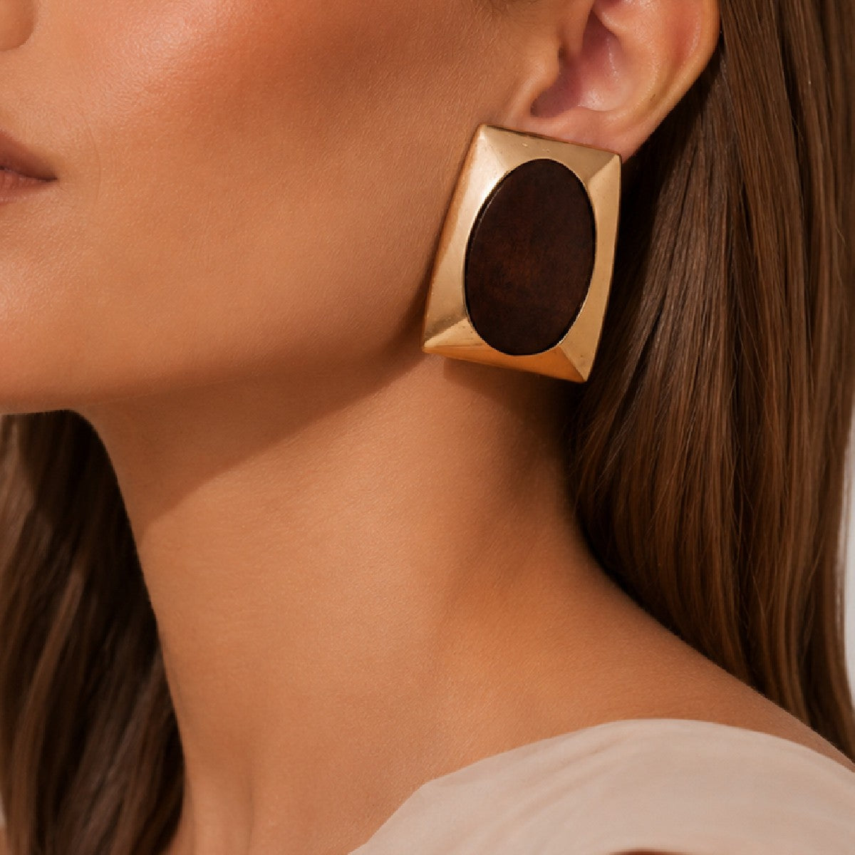 Vintage Geometric Wood Inlay Stud Earrings