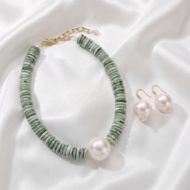 Boho Wood Disc & Pearl Necklace, Earring Set