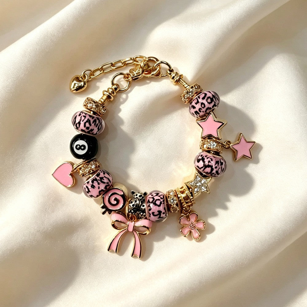 Playful Pink Leopard & Bow Charm Bracelet