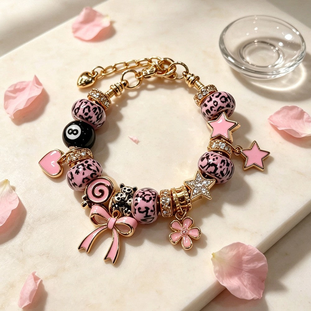 Playful Pink Leopard & Bow Charm Bracelet