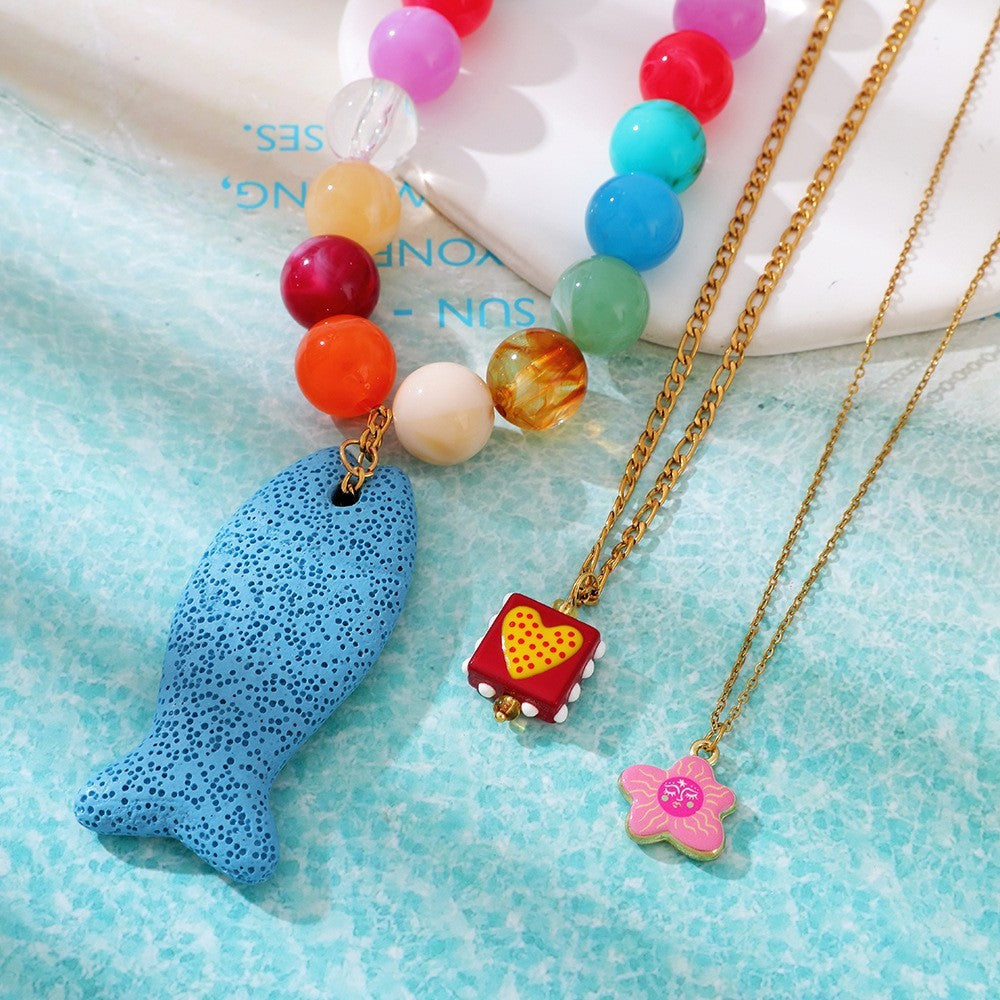 Boho Speckled Blue Fish Beaded Necklace