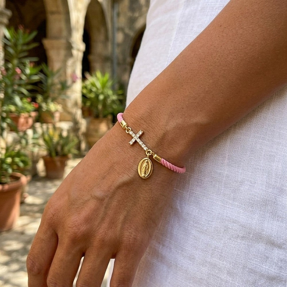 Dainty Pink Braided Cross Medal Bracelet