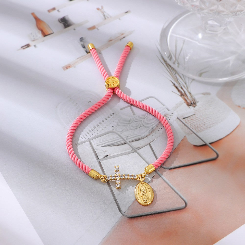 Dainty Pink Braided Cross Medal Bracelet