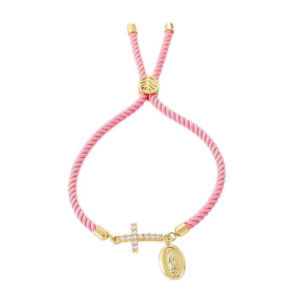 Dainty Pink Braided Cross Medal Bracelet