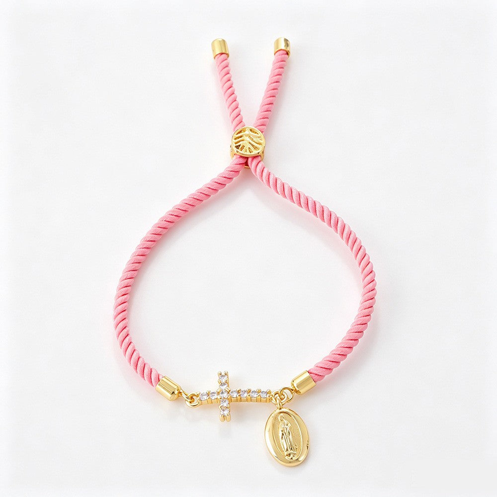 Dainty Pink Braided Cross Medal Bracelet