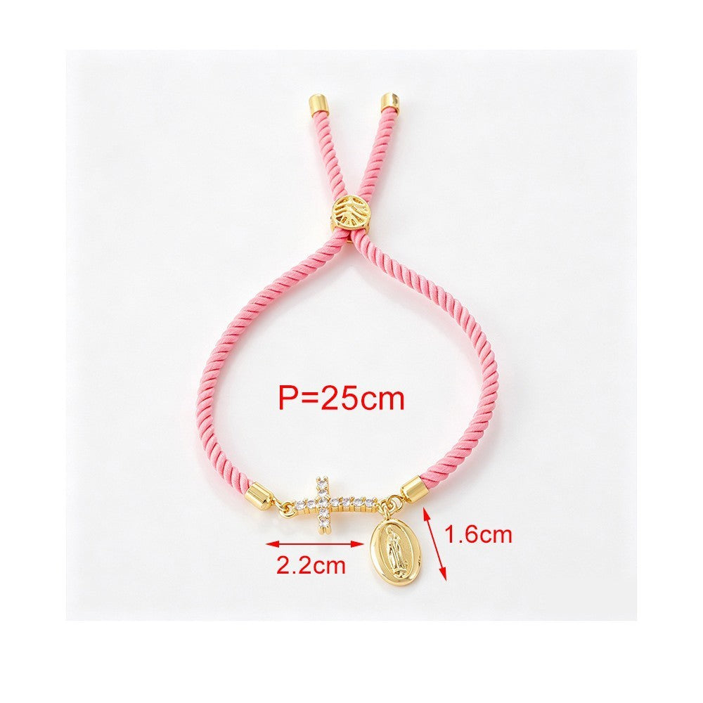 Dainty Pink Braided Cross Medal Bracelet